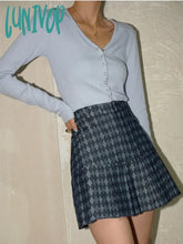 Lunivop Women’s Blue Plaid Denim A-Line Short Skirt American Young Girls College Style Chic Retro